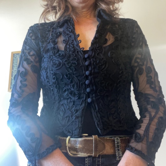 Vintage Cropped  Sheer Black  Long Sleeve Women (M-L)  crochet gothic blouse - Picture 3 of 8